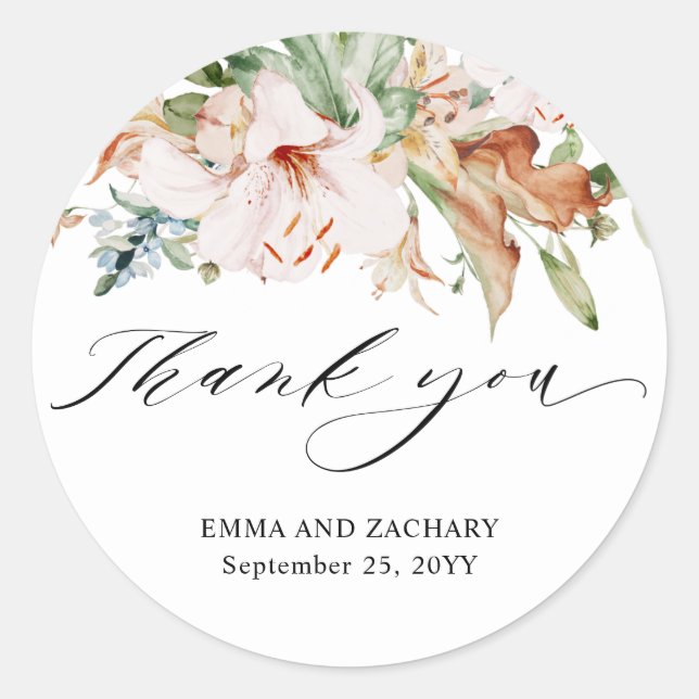 Elegant Earthy Blooms Wedding Thank You Favour Classic Round Sticker (Front)