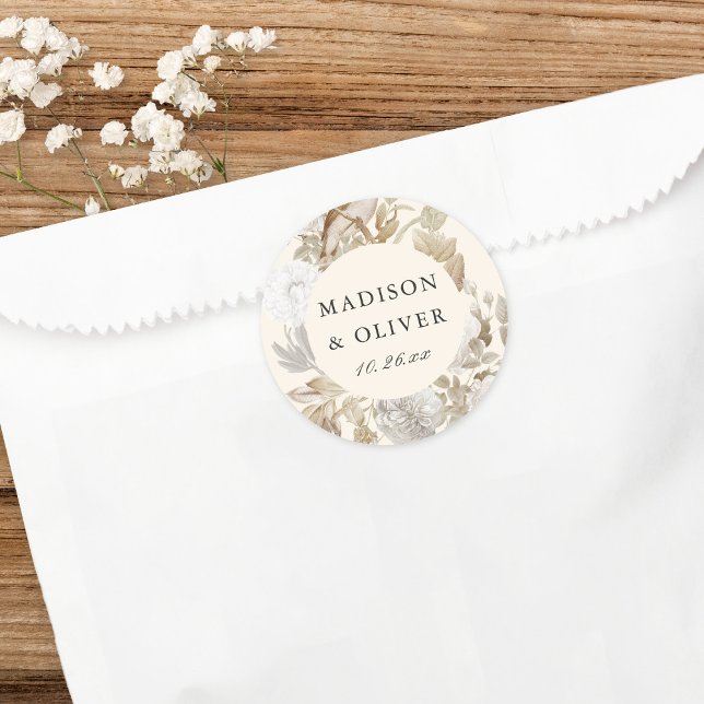 Elegant Earthy Floral Cream Wedding Favour Classic Round Sticker (Creator Uploaded)
