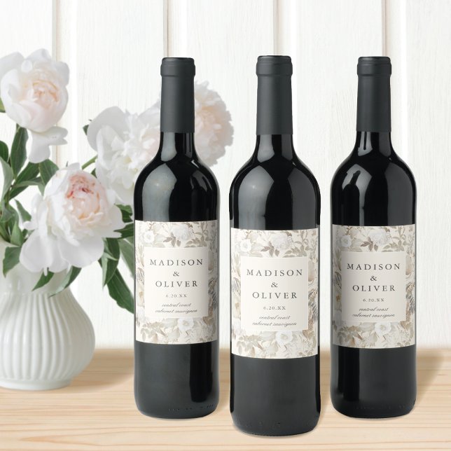 Elegant Earthy Floral Cream Wedding  Wine Label (Creator Uploaded)