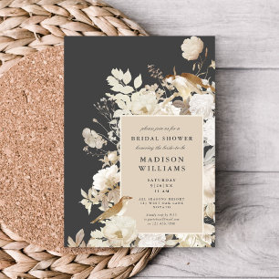 Elegant Earthy Floral Dark Grey Chic Bridal Shower Invitation