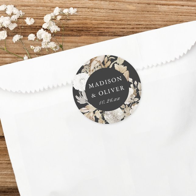 Elegant Earthy Floral Dark Grey Wedding Favour Classic Round Sticker (Creator Uploaded)