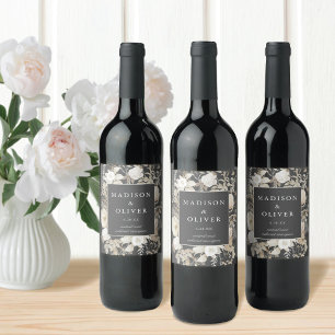 Elegant Earthy Floral Dark Grey Wedding Wine Label