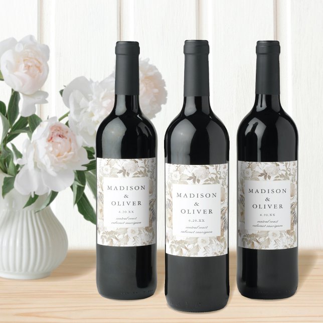 Elegant Earthy Floral White Wedding  Wine Label (Creator Uploaded)
