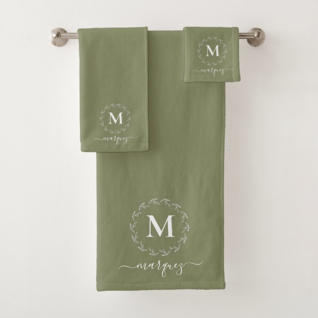 Elegant Earthy Green Personalised Wreath Monogram Bath Towel Set (Insitu)