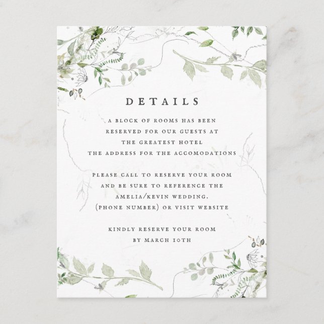 Elegant Earthy Greenery Details Accommodations Enclosure Card (Front)