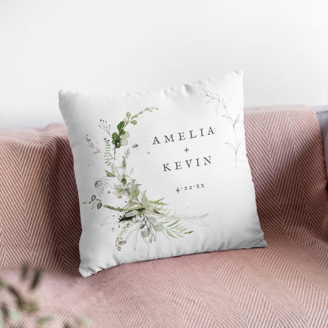 Elegant Earthy Greenery Personalised Names Date Na Cushion (Creator Uploaded)