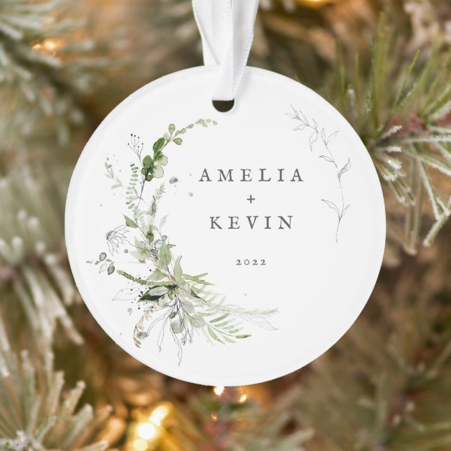 Elegant Earthy Greenery Personalised Names Photo Ornament (Tree)