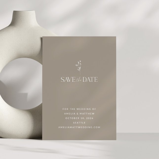 Elegant Earthy Minimalist Botanical Taupe Wedding Save The Date (Creator Uploaded)