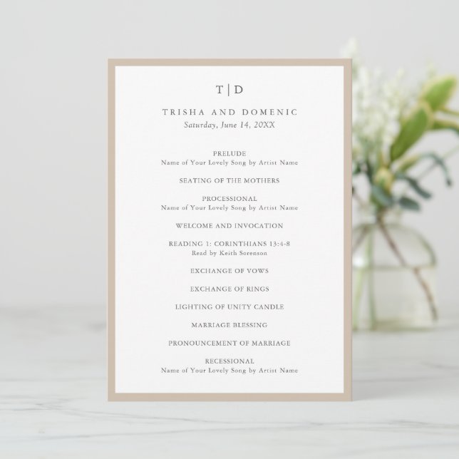 Elegant Earthy Neutral Monogram Modern Wedding Program (Standing Front)