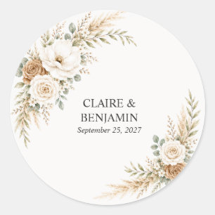 Elegant Earthy Pampas Botanical Wedding Classic Round Sticker
