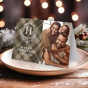 Elegant Earthy Plaid Monogram Photo Christmas Holiday Card