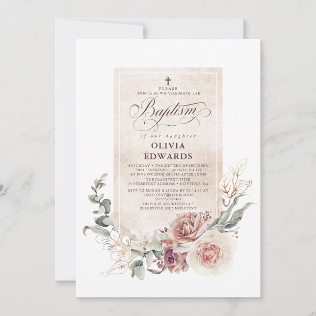 Elegant Earthy Shades Floral Natural Baptism Invitation (Front)