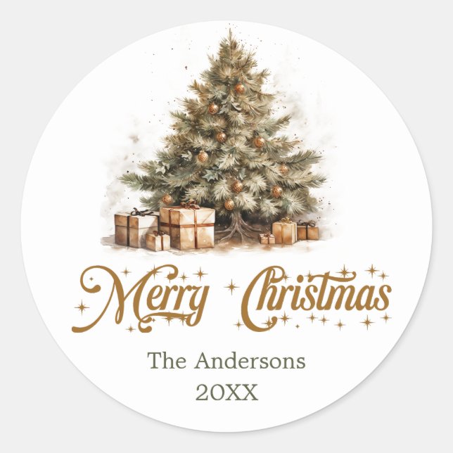 Elegant earthy tones greenery gold Christmas tree Classic Round Sticker (Front)