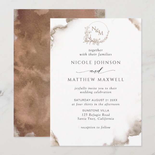 Elegant Earthy Tones Watercolor, Monogram Wedding Invitation (Front/Back)