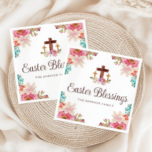 Elegant Easter Blessings Floral Cross  Napkin