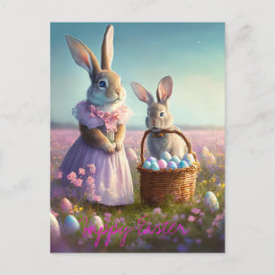 Elegant Easter bunny pink dress baby bunny Holiday Postcard