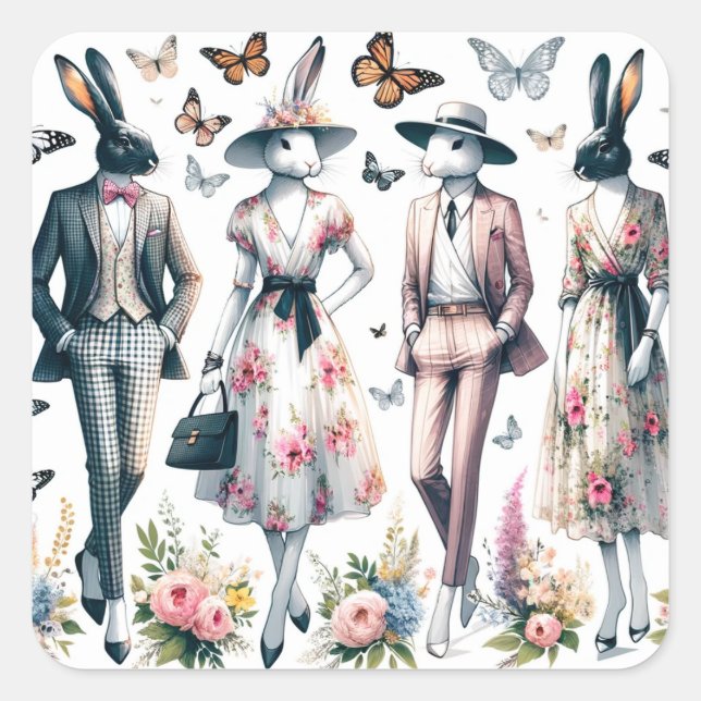 Elegant Easter Bunny Springtime Fashion Square Sticker (Front)