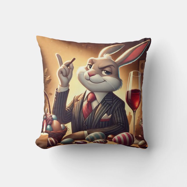 Elegant Easter Bunny with a Glass of Wine and Choc Cushion (Front)