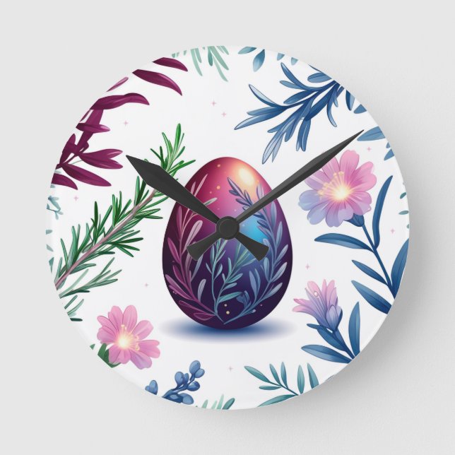 Elegant Easter Egg Botanical Art Round Clock (Front)