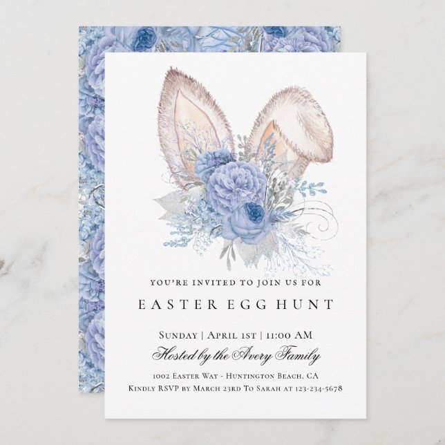 Elegant Easter Egg Hunt Floral Blue Invitation (Front/Back)