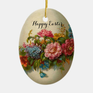 ELEGANT EASTER EGG WITH COLORFUL  FLOWERS CERAMIC ORNAMENT