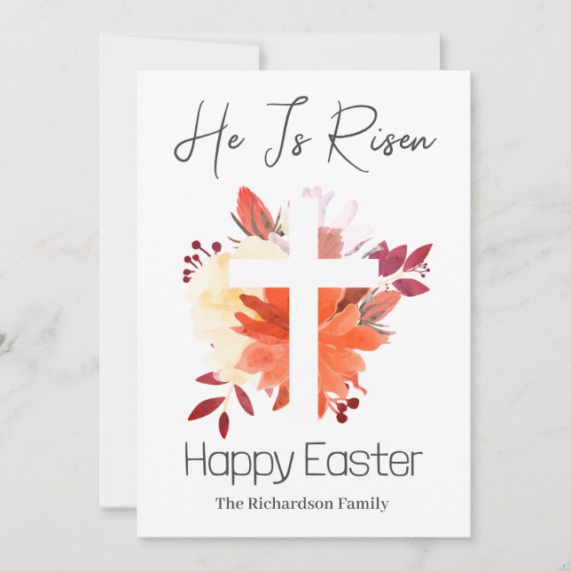  Elegant Easter Floral Calligraphy Christian Cross Holiday Card (Front)
