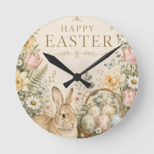 Elegant Easter Greeting,Blue White Porcelain style Round Clock