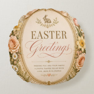 Elegant Easter Greeting ,Vintage Botanical style Round Cushion
