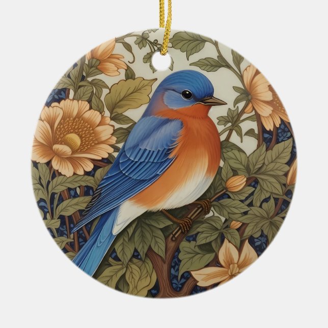Elegant Eastern Bluebird William Morris Inspired Ceramic Ornament (Front)