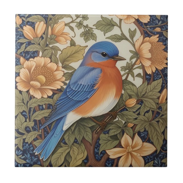 Elegant Eastern Bluebird William Morris Inspired Ceramic Tile (Front)