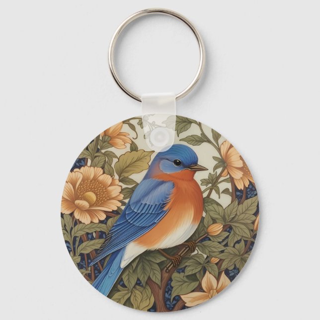 Elegant Eastern Bluebird William Morris Inspired Key Ring (Back)