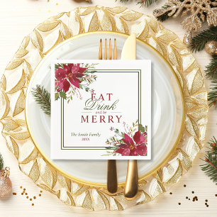Elegant Eat Drink Merry Christmas Red Poinsettias Napkin