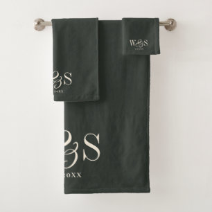 Elegant ebony initial wedding couples bath towel set