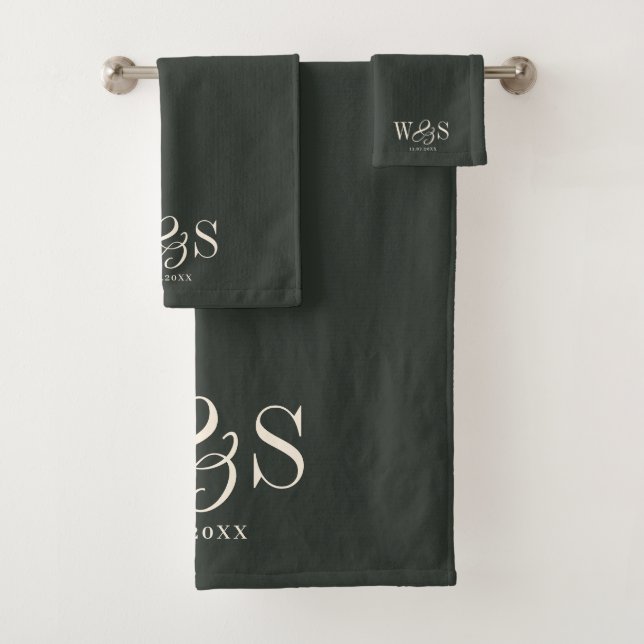 Elegant ebony initial wedding couples bath towel set (Insitu)