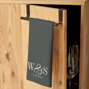 Elegant ebony initial wedding couples tea towel