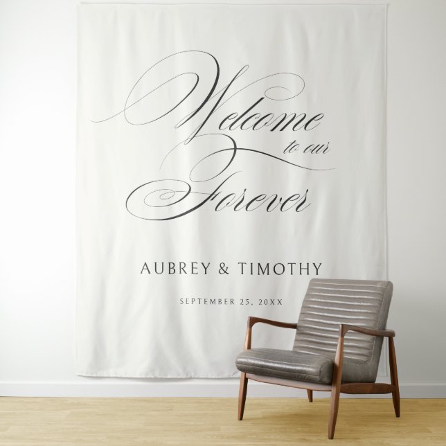 Elegant Ecru Black Calligraphy Wedding Welcome Tapestry (In Situ)