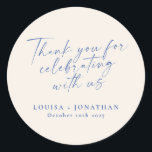 Elegant Ecru Blue Trendy Script Custom Thank You Classic Round Sticker<br><div class="desc">Elegant Ecru Blue Trendy Script Custom Thank You Classic Round Sticker</div>