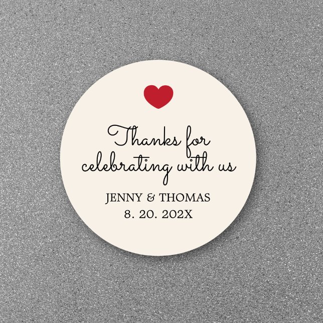 Elegant Ecru White Red Heart Wedding Thank You Classic Round Sticker (Creator Uploaded)