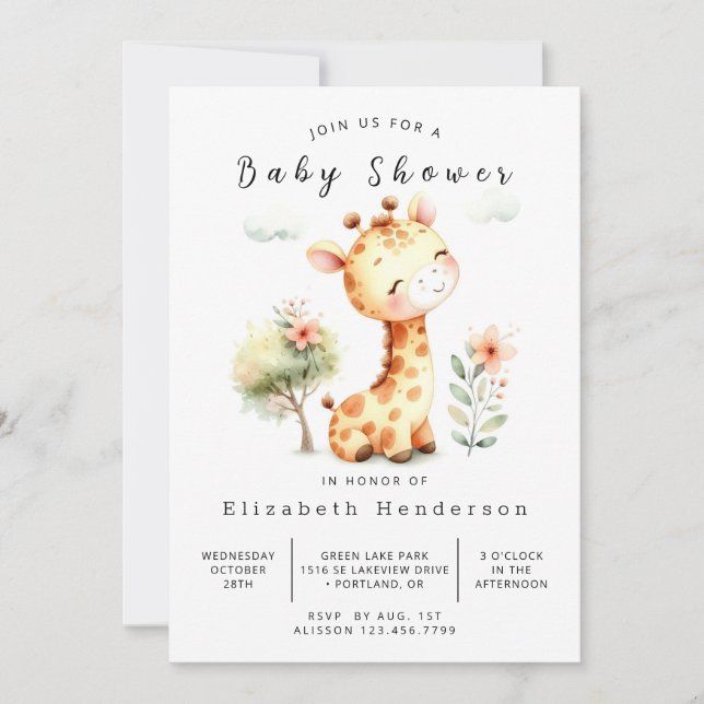  Elegant Editable Giraffe Baby Shower Invitation (Front)