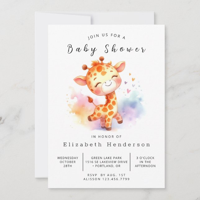  Elegant Editable Giraffe Baby Shower Invitation (Front)