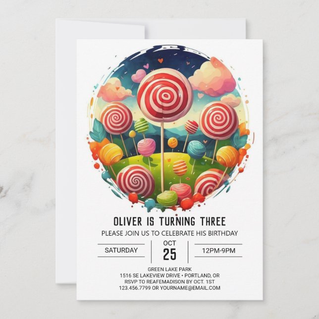 Elegant Editable Lollipop Birthday Invitation (Front)