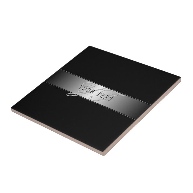 Elegant Editable Monogram Script Writing | Black Ceramic Tile (Side)