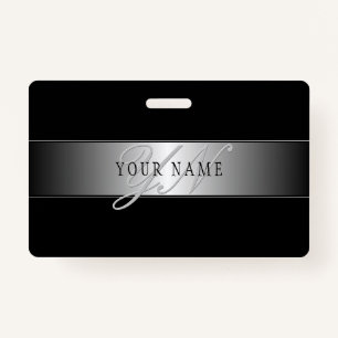 Elegant Editable Monogram Script Writing Black ID Badge