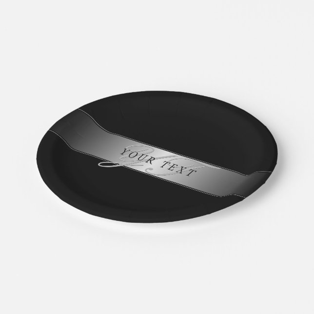 Elegant Editable Monogram Script Writing | Black Paper Plate (Angled)