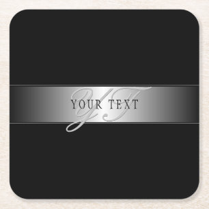 Elegant Editable Monogram Script Writing   Black Square Paper Coaster