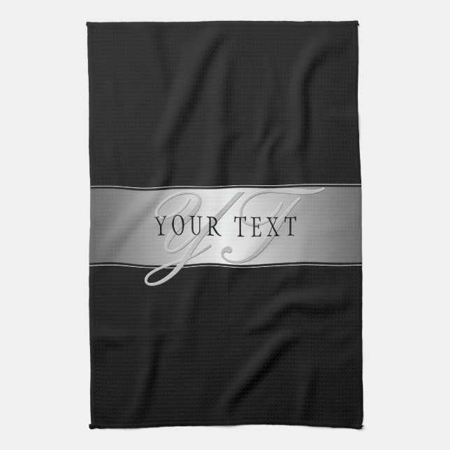 Elegant Editable Monogram Script Writing | Black Tea Towel (Vertical)