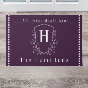 Elegant eggplant purple family monogram address doormat