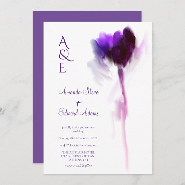 Elegant Eggplant Violet Tulip Floral Wedding Invitation (Front/Back)