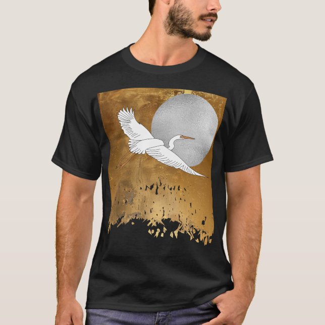 Elegant Egret, Silver Moon, and Golden Fields T-Shirt (Front)
