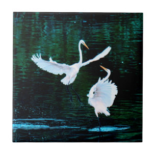 Elegant Egrets In Dance Ceramic Tile